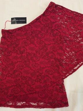 NWT Julian Chang Women's Red Lace Asymmetric off shoulder top